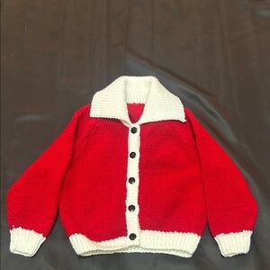 Vintage Hand Knit Red Baby Cardigan Wool Blend Button Front 6–12 Months Santa